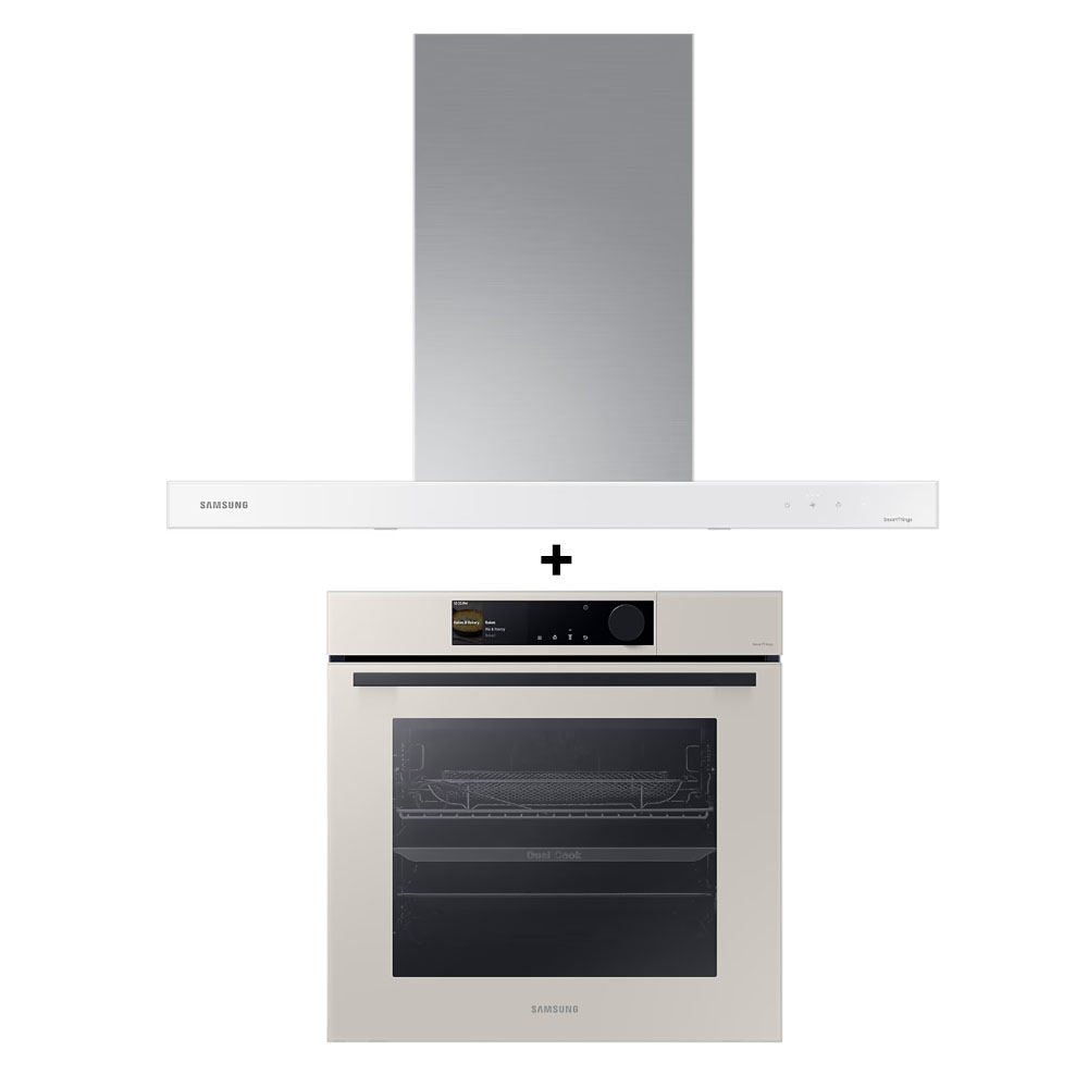 (Sperrig) (Paket) Samsung NK36CB665WWHSP Maßgeschneiderte Dunstabzugshaube zur Wandmontage (90 cm) + NV7B6675CAA/SP Maßgeschneiderter Einbauofen mit Dual Cook Steam™ (76 l)