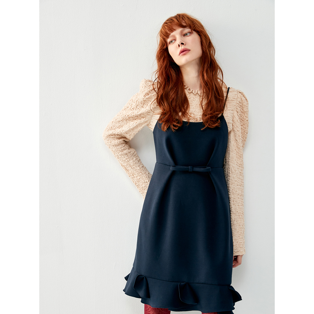 iROO Fashion Women Navy Front Ribbon Ruffle Dress