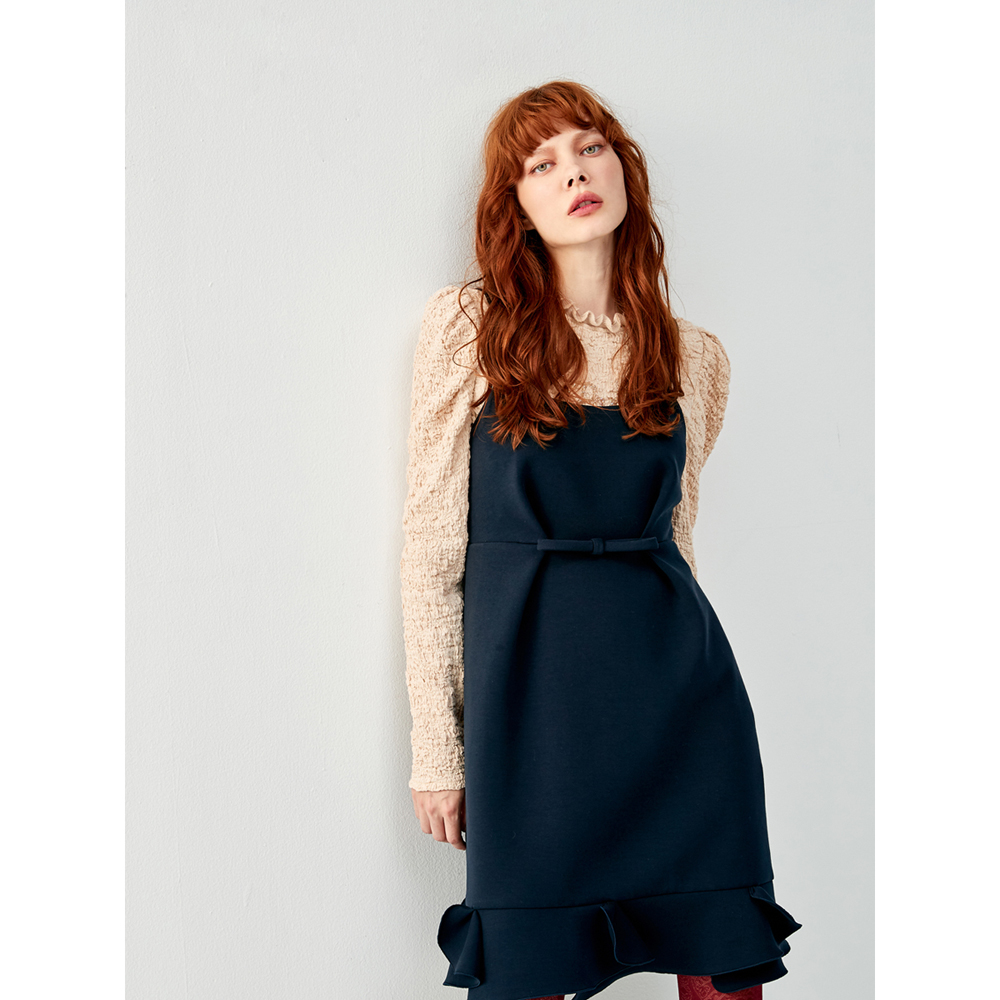 iROO Fashion Women Navy Front Ribbon Ruffle Dress