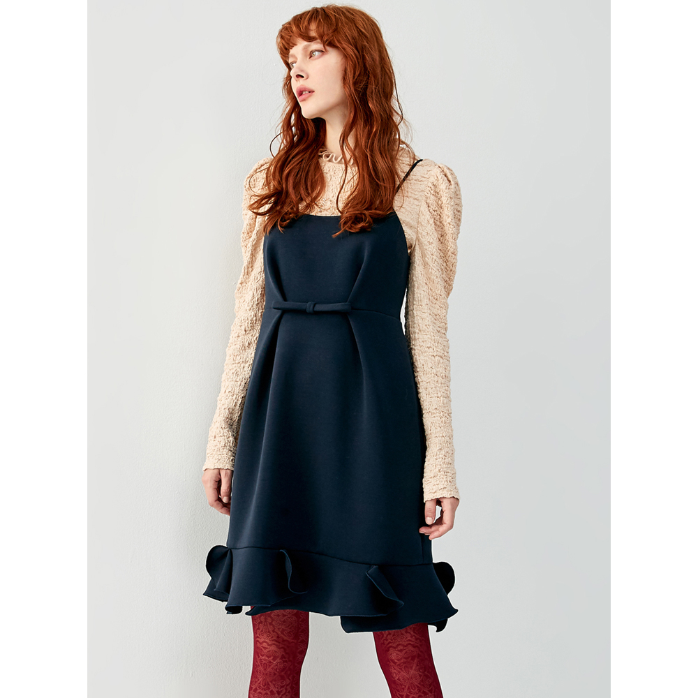 iROO Fashion Women Navy Front Ribbon Ruffle Dress