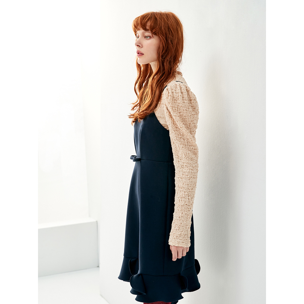 iROO Fashion Women Navy Front Ribbon Ruffle Dress