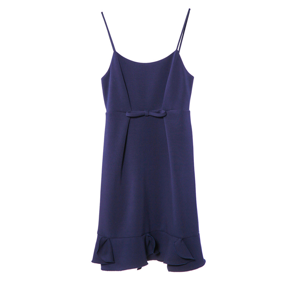 iROO Fashion Women Navy Front Ribbon Ruffle Dress