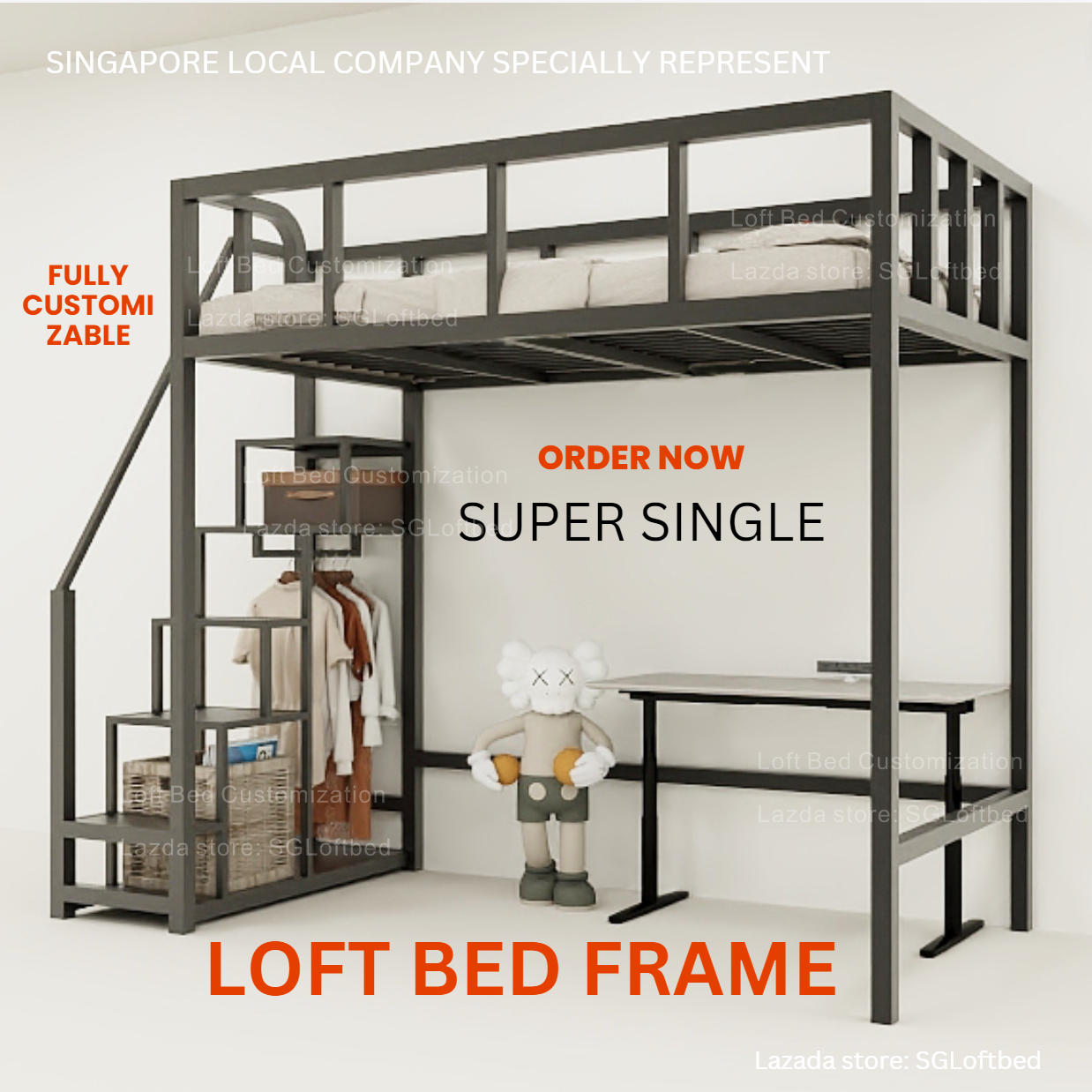 Loft bed for Adults / Children - Size Super Single Loft Bed with All-in-One Storage Stairs - Singapore Local Company Specially Represent · v3