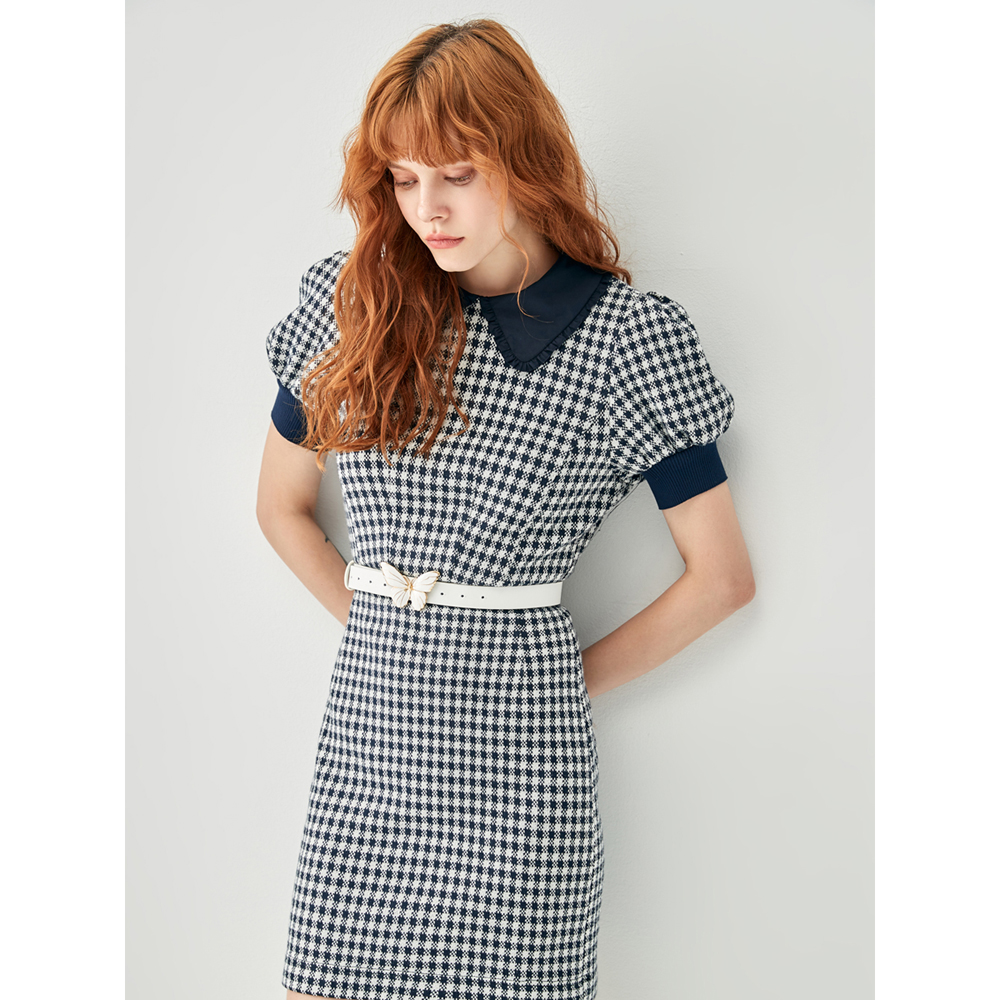 iROO Fashion Women Fitted Puff Sleeves Checkered Dress · v2