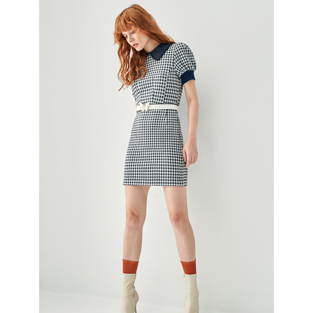 iROO Fashion Women Fitted Puff Sleeves Checkered Dress · v2