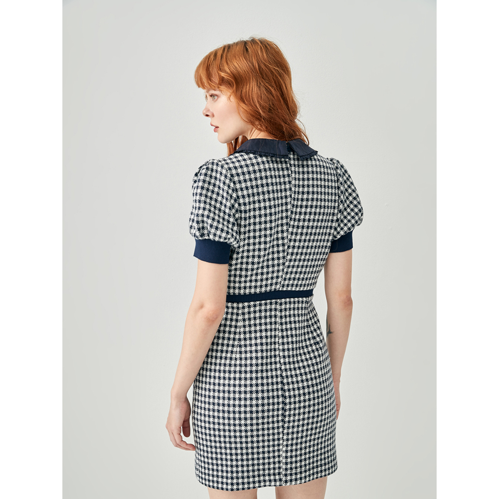iROO Fashion Women Fitted Puff Sleeves Checkered Dress · v2
