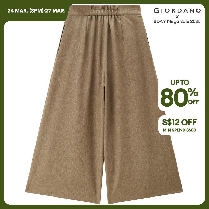 GIORDANO Women Pants Half Elastic Waist Smooth Chic Pants Slant Pockets Simple Fashion Casual Pleated Crop Pants 18424601