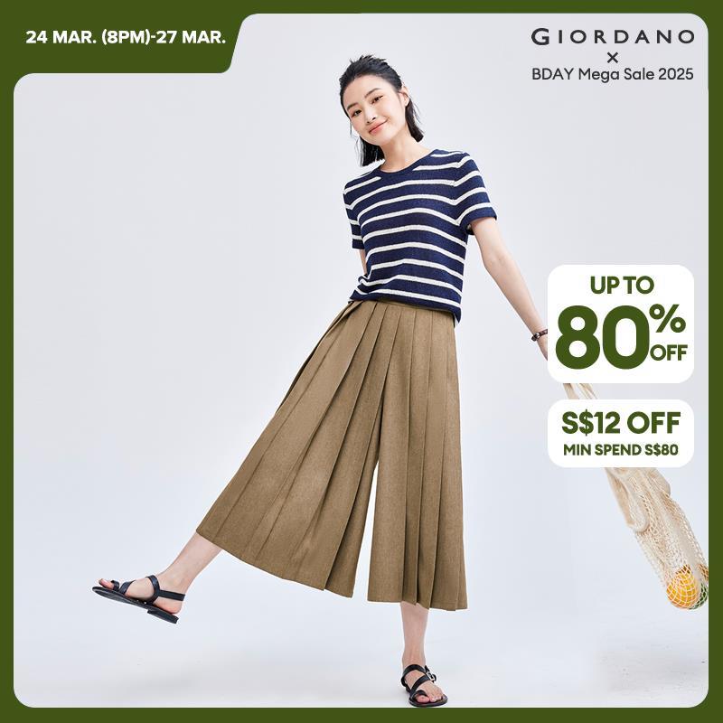 GIORDANO Women Pants Half Elastic Waist Smooth Chic Pants Slant Pockets Simple Fashion Casual Pleated Crop Pants 18424601