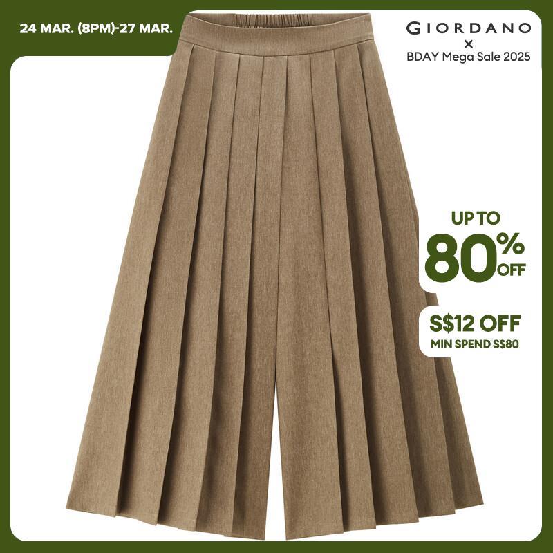 GIORDANO Women Pants Half Elastic Waist Smooth Chic Pants Slant Pockets Simple Fashion Casual Pleated Crop Pants 18424601