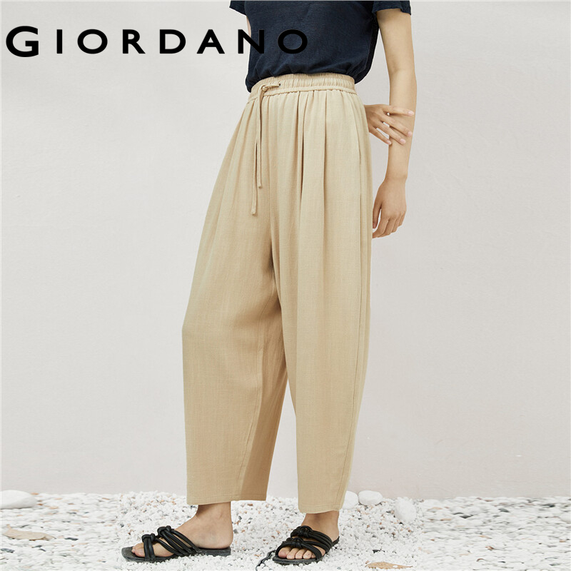 GIORDANO Women Pants Elastic Waist Wide Leg Pleated Pants Solid Color Ankle Length Simple Fashion Casual Loose Pants 18423901 · v2
