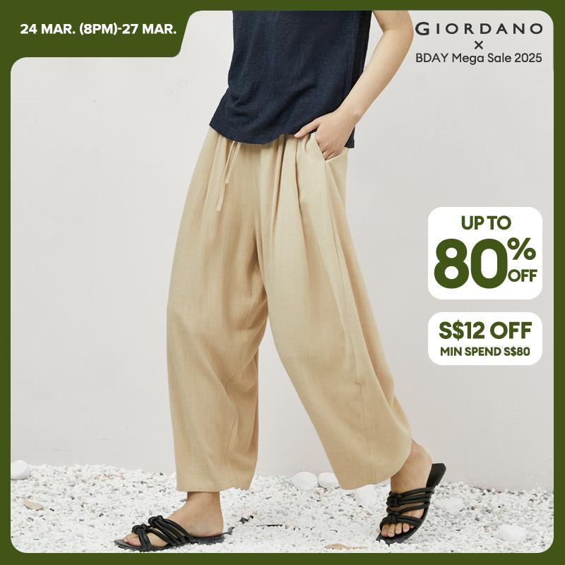 GIORDANO Women Pants Elastic Waist Wide Leg Pleated Pants Solid Color Ankle Length Simple Fashion Casual Loose Pants 18423901 · v2