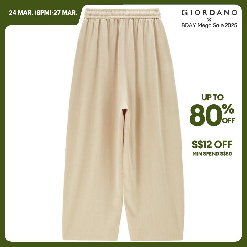 GIORDANO Women Pants Elastic Waist Wide Leg Pleated Pants Solid Color Ankle Length Simple Fashion Casual Loose Pants 18423901 · v2