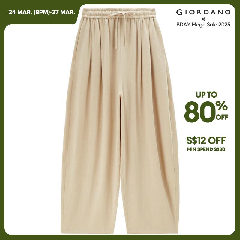 GIORDANO Women Pants Elastic Waist Wide Leg Pleated Pants Solid Color Ankle Length Simple Fashion Casual Loose Pants 18423901 · v2