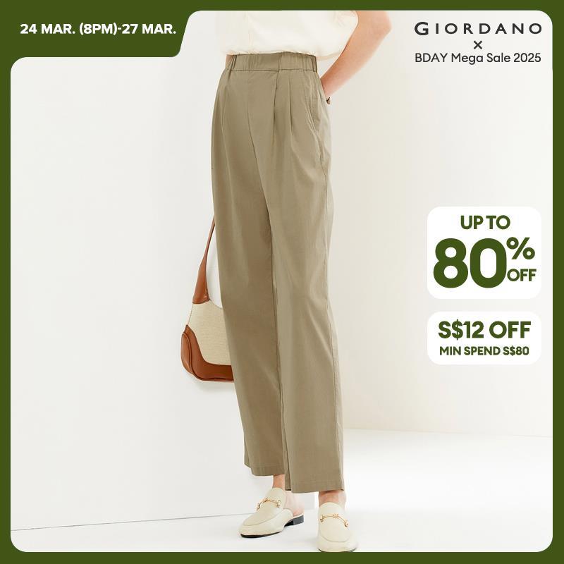 GIORDANO Women Pants Elastic Waist Pleated Pants Slant Pockets Solid Color Ankle Length Simple Fashion Casual Pants 05424314