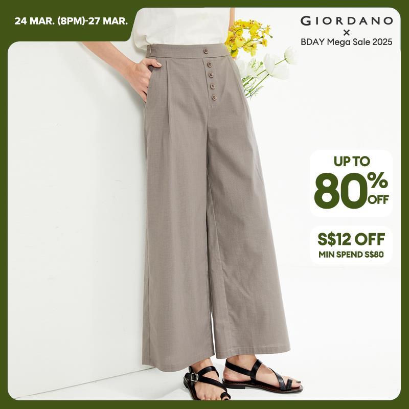 GIORDANO Women Pants Buttons Embellished Tencel Pants Invisible Zip Wide leg Ankle Length Simple Fashion Casual Pants 05424343 · v2
