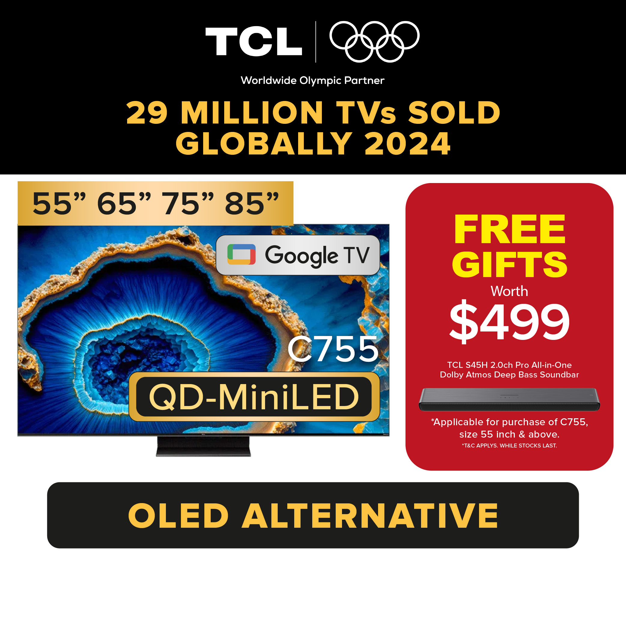 تلفزيون TCL C755 QD-Mini LED بدقة 4K موديل 2024 |