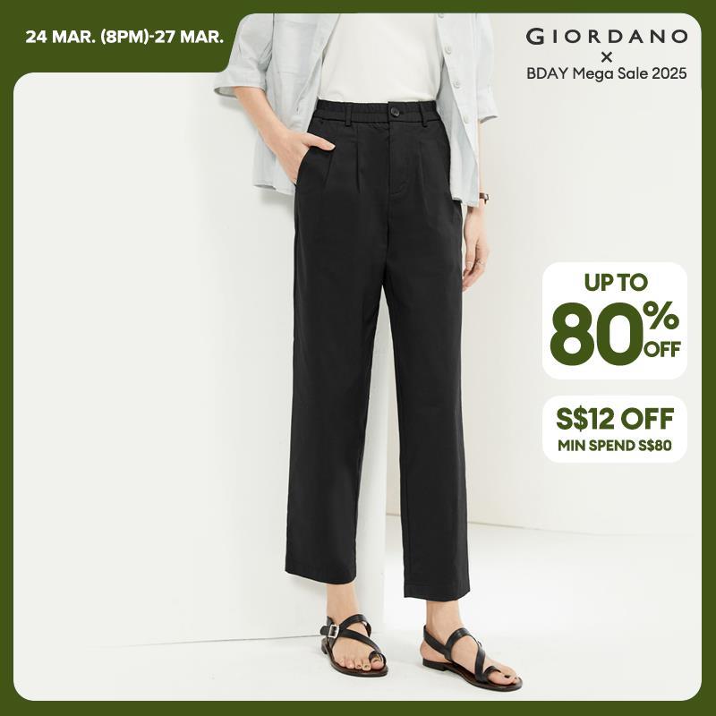 GIORDANO Women Pants Elastic Waist Smooth Pleated Pants Slant Pockets Ankle Length Simple Basic Fashion Casual Pants 05424332