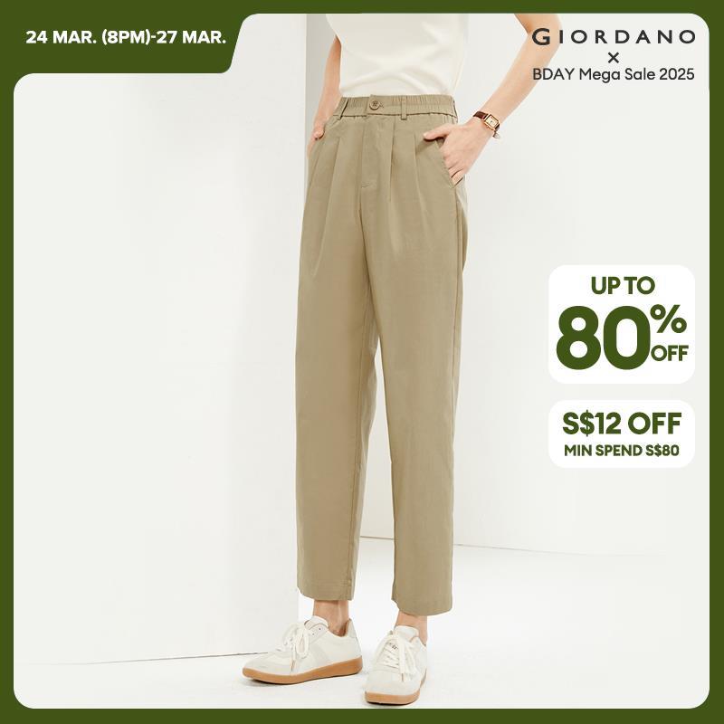 GIORDANO Pantaloni da donna in vita elastica Pantaloni plissettati lisci Tasche oblique alla caviglia Pantaloni casual semplici di base alla moda 05424332