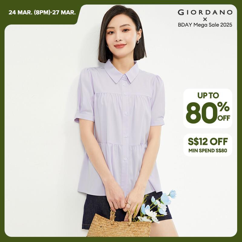 GIORDANO Women Shirts Sweet Gentle Puff Sleeve Blouses Button Closure Short Sleeve Simple Fashion Casual Pleated Shirts 13344201