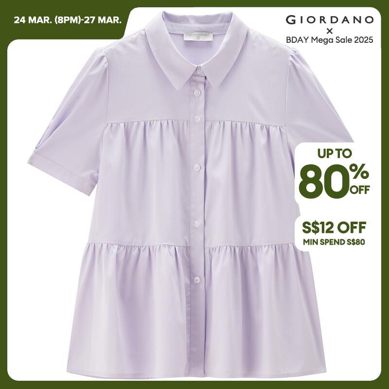 GIORDANO Women Shirts Sweet Gentle Puff Sleeve Blouses Button Closure Short Sleeve Simple Fashion Casual Pleated Shirts 13344201