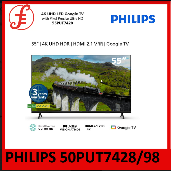 PHILIPS 4K UHD LED 50" Google TV | 50PUT7428/98 | Youtube | Netflix | MeWatch | Assistente Google | Dolby Atmos e Dobly Vision | Configurazione da tavolo FOC