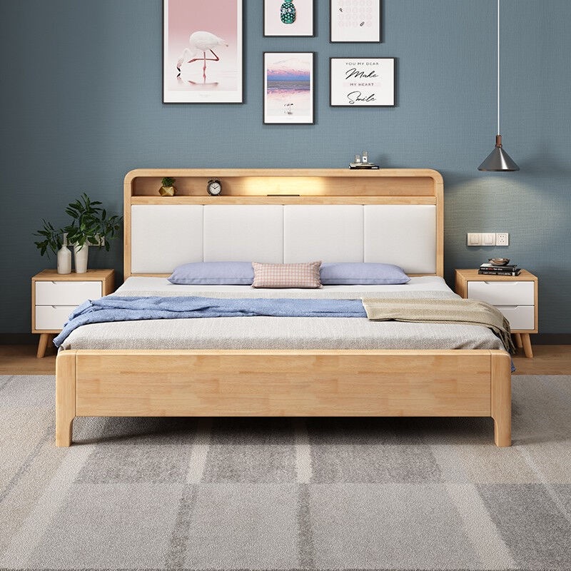 إطار سرير تخزين HDB مع إطار سرير تخزين، سرير خشبي، سرير بحجم كوين، سرير خشبي متين بتصميم نورديك بسيط وحديث، مقاس 1.5، بجانب السرير مع إضاءة، سرير غرفة نوم رئيسية، سرير مزدوج