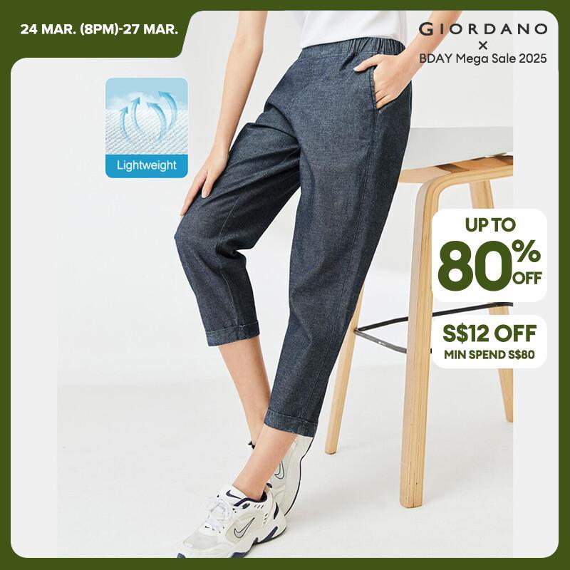 GIORDANO Women Pants Elastic Waist Lightweight Denim Pants 100% Cotton Rolled Cuff Simple Fashion Casual Denim Pants 05424307 · v2