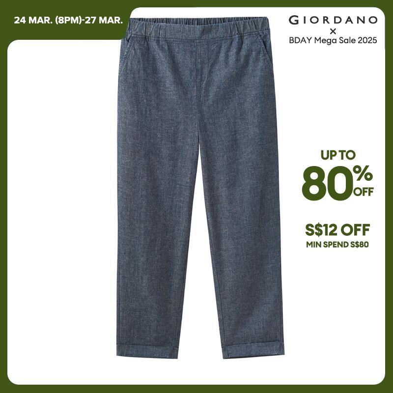 GIORDANO Pantaloni da donna Pantaloni in denim leggero con elastico in vita 100% cotone 100% cotone con polsino arrotolato Pantaloni in denim casual semplici alla moda 05424307