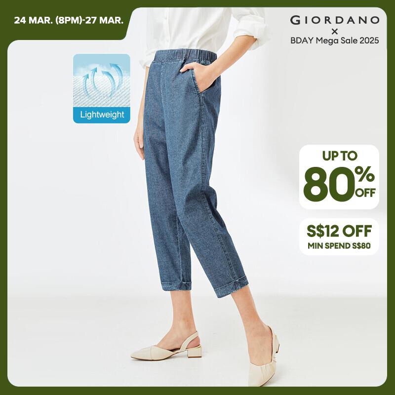 GIORDANO Pantaloni da donna Pantaloni in denim leggero con elastico in vita 100% cotone 100% cotone con polsino arrotolato Pantaloni in denim casual semplici alla moda 05424307