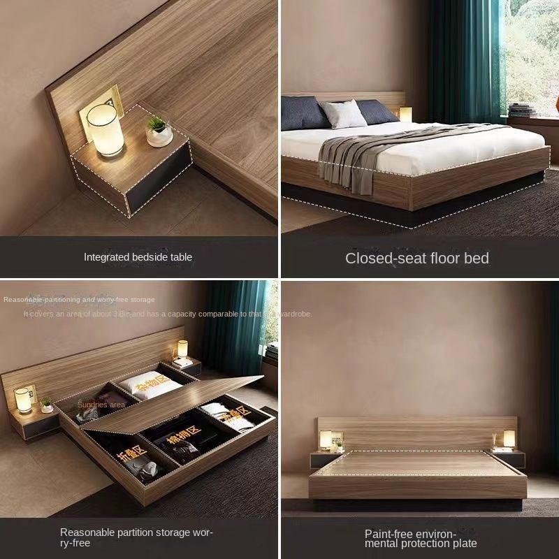 Giường Tatami Giường lưu trữ HDB Khung giường bằng gỗ nguyên khối Giường lưu trữ Tatami Giường Queen King Giường Tatami cao cấp Khung giường lưu trữ tối giản hiện đại có ngăn lưu trữ