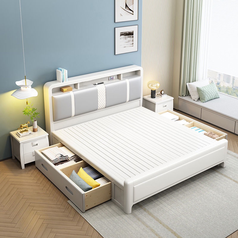 Solid Wood Bed Frame White Cream Style Simple Bed Double Master Bed Household Modern Storage Bed QueenKing Size · v9