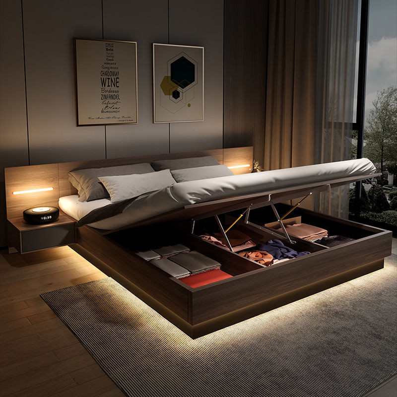 Tatami-Bettgestell im japanischen Stil, Stauraum, Bettgestell aus massivem Holz, Bettgestell mit Matratze, Queen- und King-Size-Bett