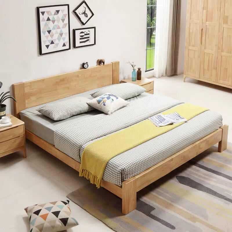 HDB Yatak Çerçevesi Çift Kişilik Yatak Yatak Çerçevesi Ahşap Yatak Kraliçe Çift Kişilik Yatak Katı Ahşap Yatak 1.8m Modern Basit 1.5 Kiralık Oda Daire Yatak Yatak Odası Mobilyaları