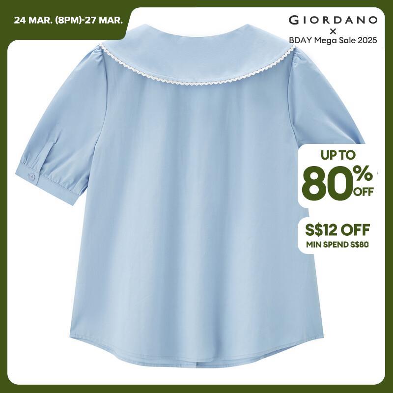 GIORDANO Women Shirts 100% Cotton Bow Sailor Collar Sweet Girly Blouses Short Sleeve Summer Fashion Casual Shirts 18344905