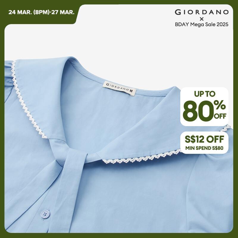 GIORDANO Women Shirts 100% Cotton Bow Sailor Collar Sweet Girly Blouses Short Sleeve Summer Fashion Casual Shirts 18344905