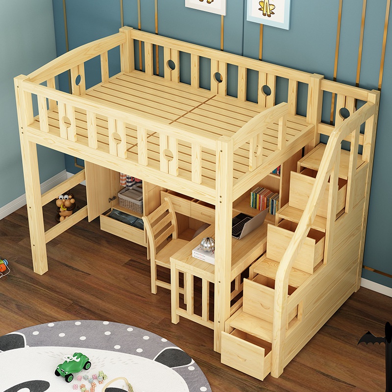 Doppeldecker-Bettrahmen, Doppelbett, Hochbett, Hochbett, Tisch, höhenverstellbares Bett, multifunktionales Assemblage Zone, Schreibtisch, Massivholz, Hochbett, Bett mit Kleiderschrank.