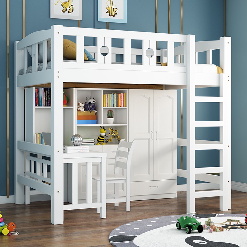 Doppeldecker-Bettrahmen, Doppelbett, Hochbett, Hochbett, Tisch, höhenverstellbares Bett, multifunktionales Assemblage Zone, Schreibtisch, Massivholz, Hochbett, Bett mit Kleiderschrank.