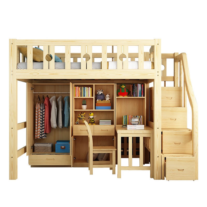 Doppeldecker-Bettrahmen, Doppelbett, Hochbett, Hochbett, Tisch, höhenverstellbares Bett, multifunktionales Assemblage Zone, Schreibtisch, Massivholz, Hochbett, Bett mit Kleiderschrank.