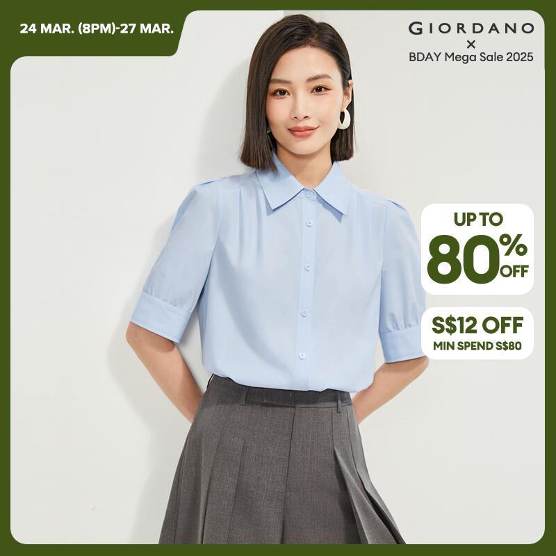 GIORDANO Women Shirts Pleated Puff Sleeve Simple Basic Shirts Button Closure Classic Collar Fashion Casual Shirts 18344201