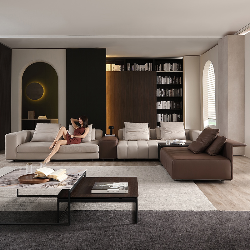 Sofá italiano minimalista de piel, teclas de piano, moderno, minimalista, nórdico, arte en piel, villa italiana, muebles de sala de estar de lujo y luminosos