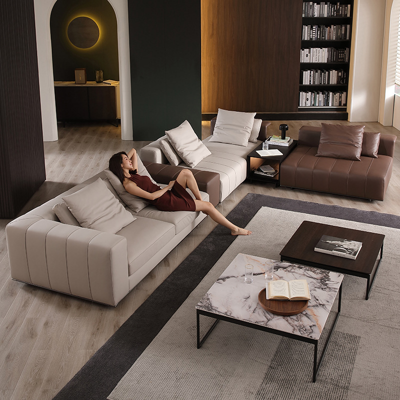 Sofá italiano minimalista de piel, teclas de piano, moderno, minimalista, nórdico, arte en piel, villa italiana, muebles de sala de estar de lujo y luminosos
