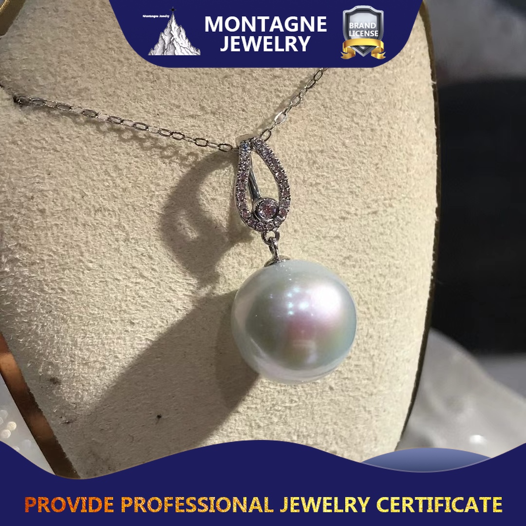 Montagne Jewelry สร้อยคอทองคำขาวบริสุทธิ์ 18k สำหรับผู้หญิง ดีไซน์ประดับคริสตัล สร้อยคอจี้ไข่มุกสีขาวไร้ตำหนิธรรมชาติ 13-14