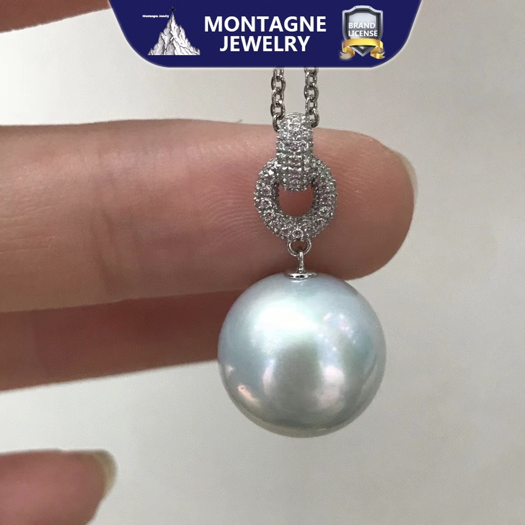 Montagne Jewelry สร้อยคอทองคำขาว 18k สำหรับผู้หญิง ดีไซน์ประดับคริสตัล จี้ไข่มุกสีขาวไร้ตำหนิจากธรรมชาติ 13-14