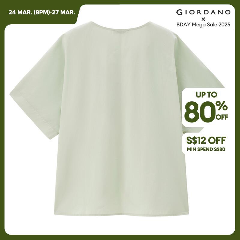 GIORDANO Women Shirts Lightweight Cotton Shirts Button Hollow Crewneck Petal Hem Elbow Sleeve Fashion Casual Shirts 18344609