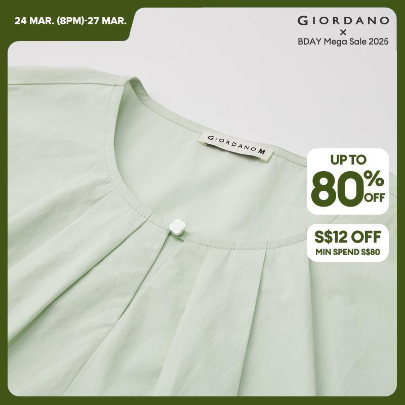 GIORDANO Women Shirts Lightweight Cotton Shirts Button Hollow Crewneck Petal Hem Elbow Sleeve Fashion Casual Shirts 18344609