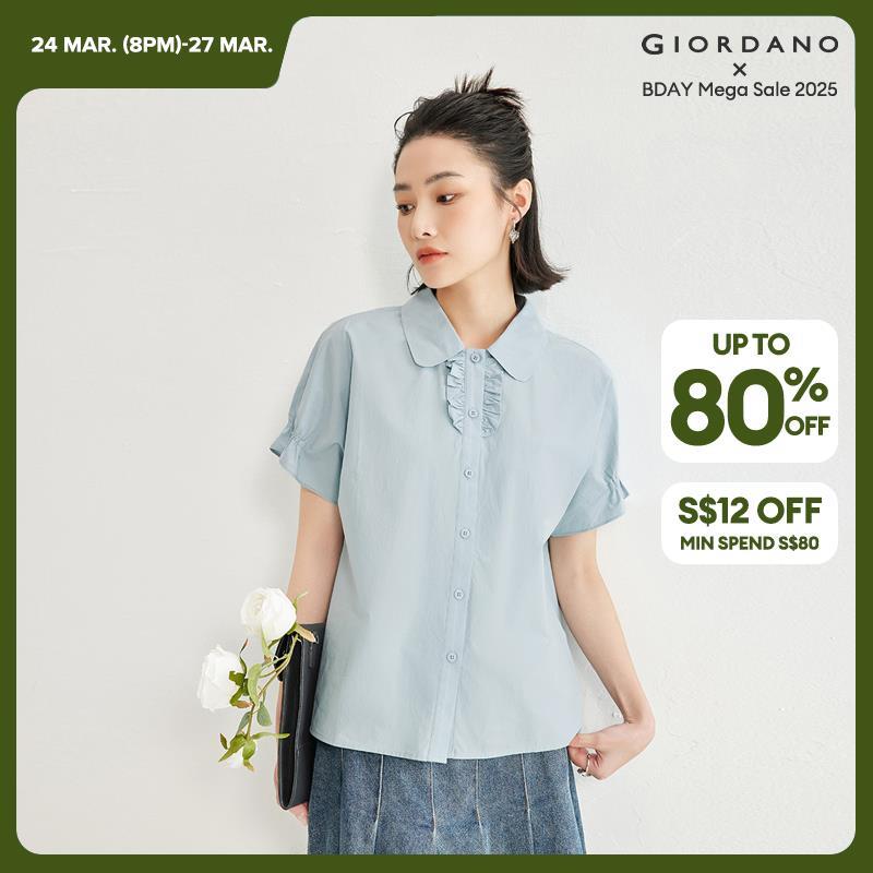 GIORDANO Women Shirts 100% Cotton Ruffle Placket Shirts Lightweight Short Sleeve Summer Simple Fashion Casual Shirts 18344610