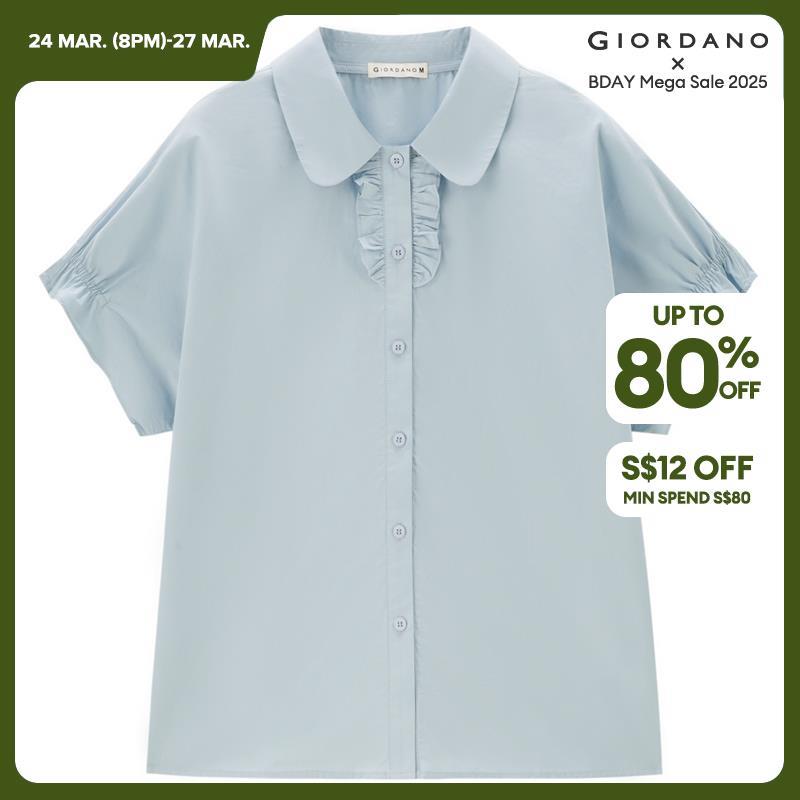 GIORDANO Women Shirts 100% Cotton Ruffle Placket Shirts Lightweight Short Sleeve Summer Simple Fashion Casual Shirts 18344610