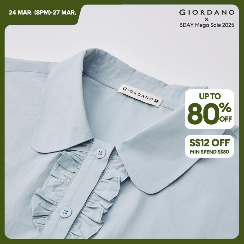 GIORDANO Women Shirts 100% Cotton Ruffle Placket Shirts Lightweight Short Sleeve Summer Simple Fashion Casual Shirts 18344610