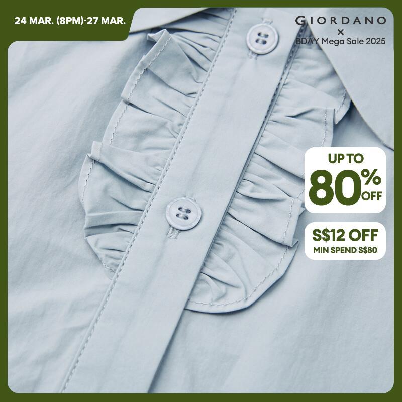 GIORDANO Women Shirts 100% Cotton Ruffle Placket Shirts Lightweight Short Sleeve Summer Simple Fashion Casual Shirts 18344610