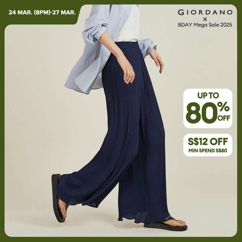 GIORDANO Pantaloni da donna Pantaloni leggeri a pieghe in chiffon con elastico in vita elastica in vita larga con volant Pantaloni casual alla moda rilassati 18414908